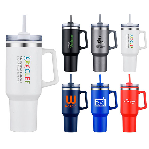 40 oz. Double Wall Insulated Travel Mug with Handle and Straw